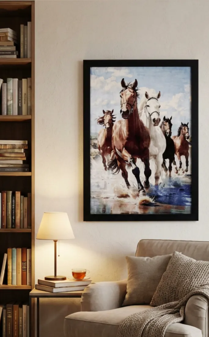 Framed horse wall hanging in a warm living room